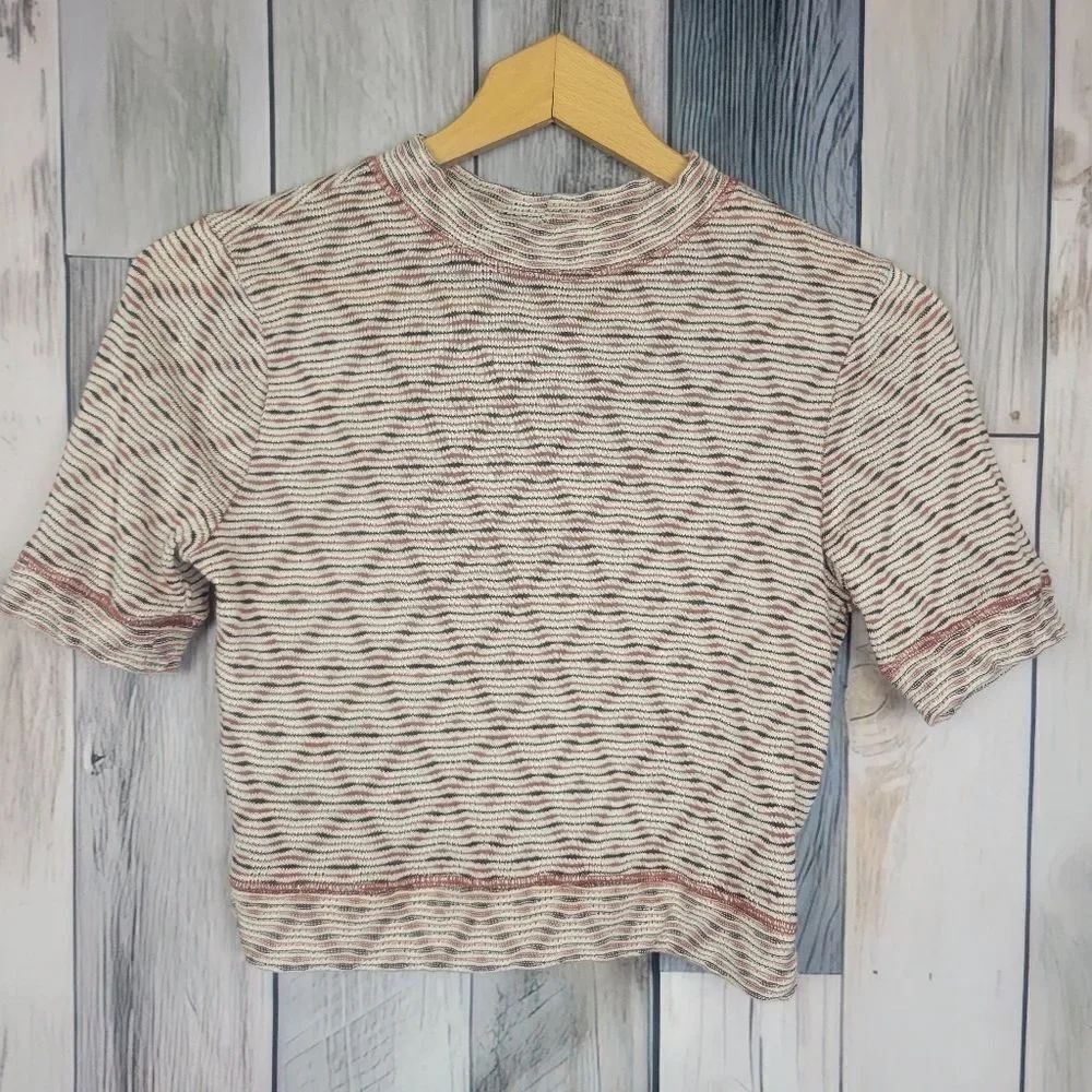 Free People Geometric Short Sleeve Mock Neck Crop Top Tan Red size Medium - Picture 4 of 7